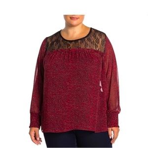 Sheer Red Animal Print Blouse with Black Lace Detail - XL